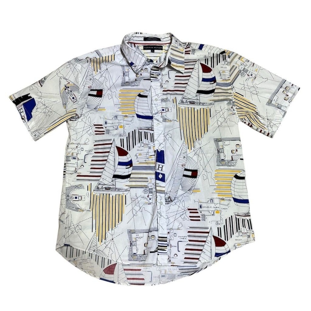 Tommy Hilfiger Men's XL Nautical Graphic‎ Print Button-Up Shirt Vintage